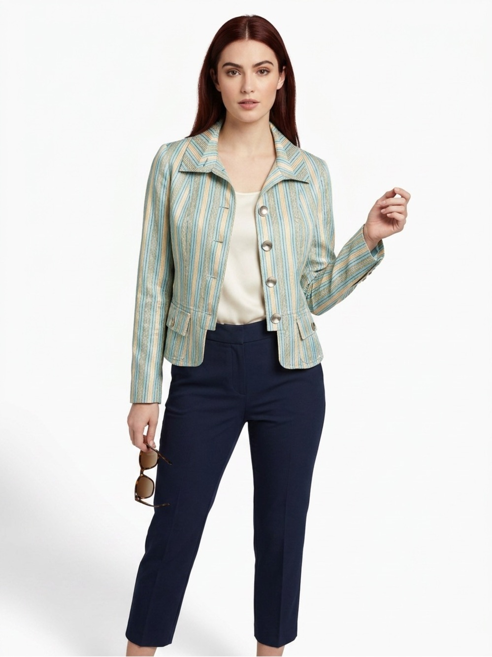 Vintage Blazer Carlisle women’s silk striped shimmer jacket Sz 6 aqua & yellow